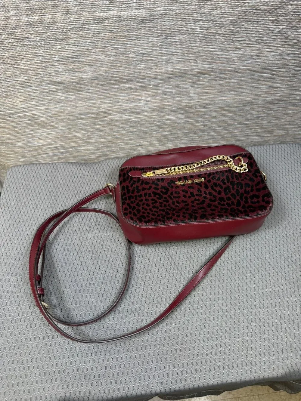 Michael Kors Crossbody Bag Womens Small Burgundy Leopard Pony Hair Leather Chain